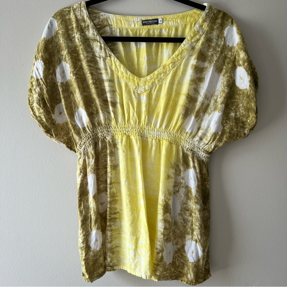 EARTHBOUND yellow and olive tie-dye V-neck blouse